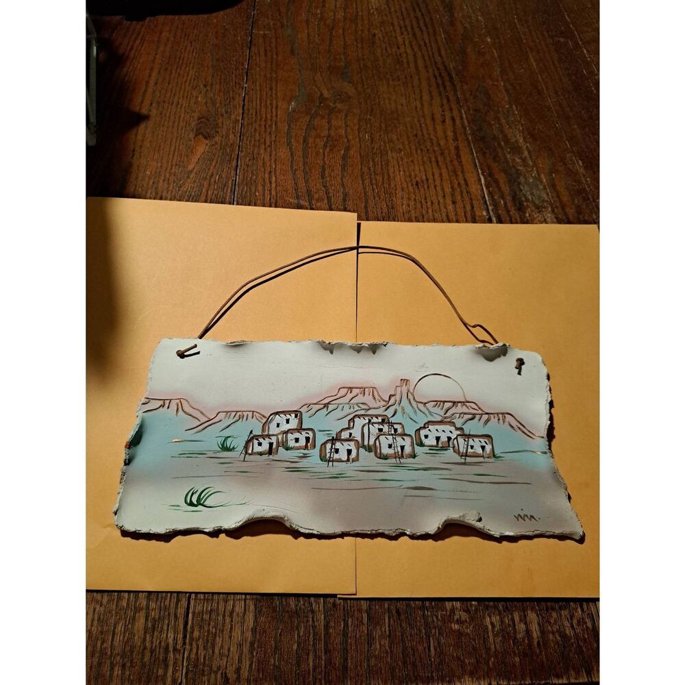 Hand Painted Native American Indian Pueblo Village Clay Ceramic Artwork Signed